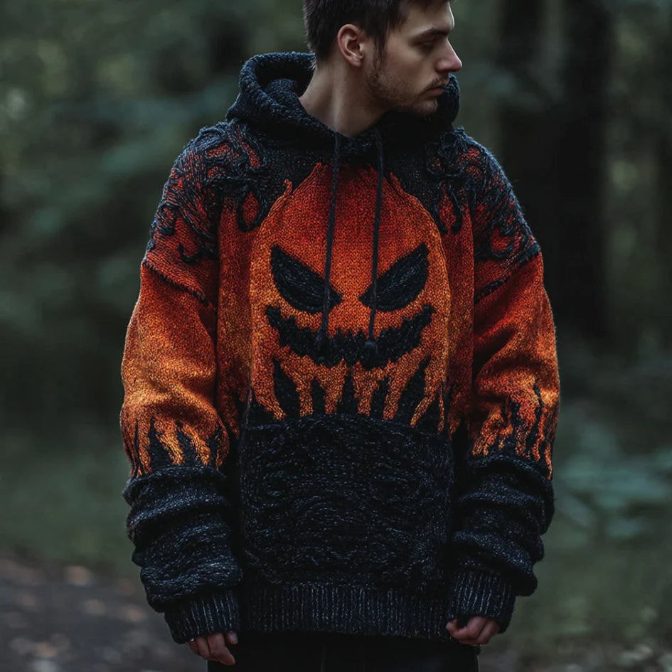 Halloween Pumpkin Element Gradient Color Men's Hooded Knit Sweater