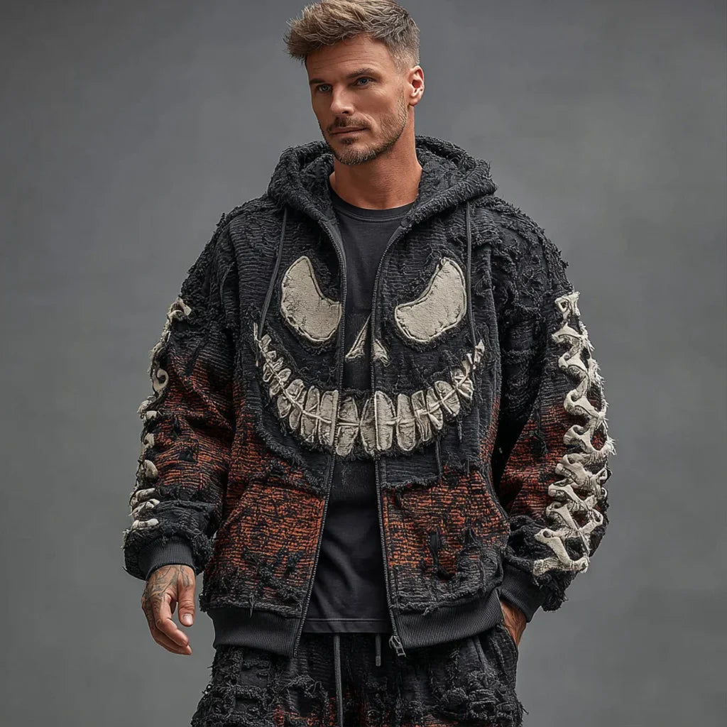 Halloween Smiley Face Art Knitted Zip-up Hooded Sweater