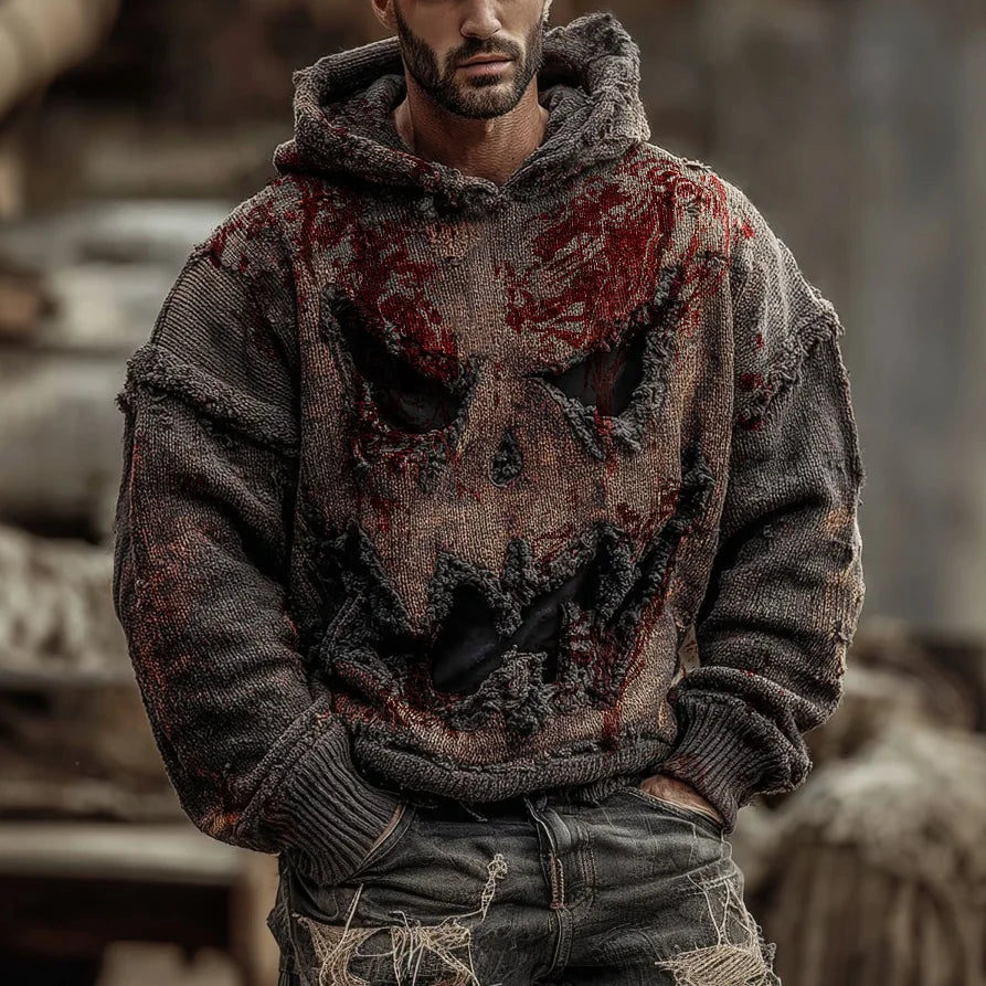 Halloween Bloody Spooky Face Inspired Jacquard Knitted Hooded Sweater