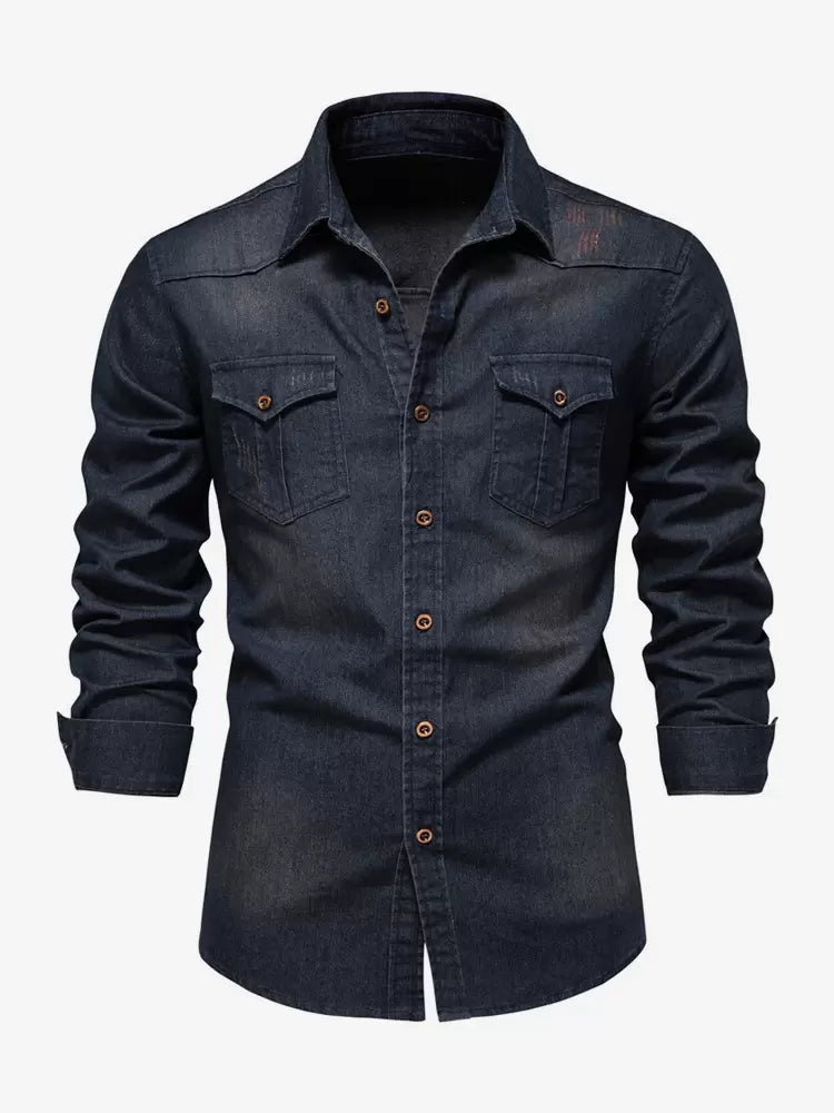 Men's Denim Shirt Casual Solid Color Long-Sleeved Slim Fit Shirt