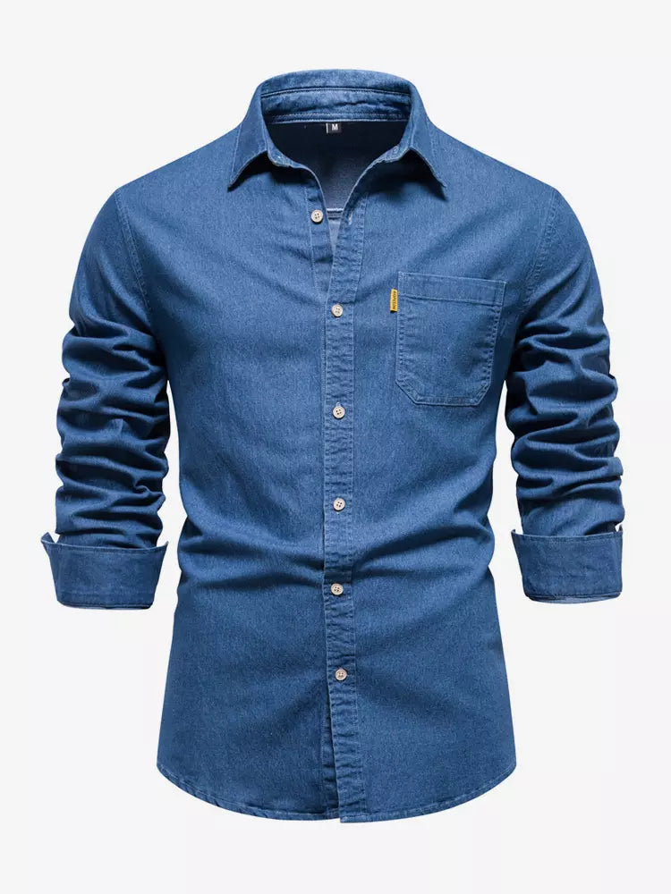 Men's Casual Solid Color Long-Sleeved Shirt Slim Fit Denim Shirt