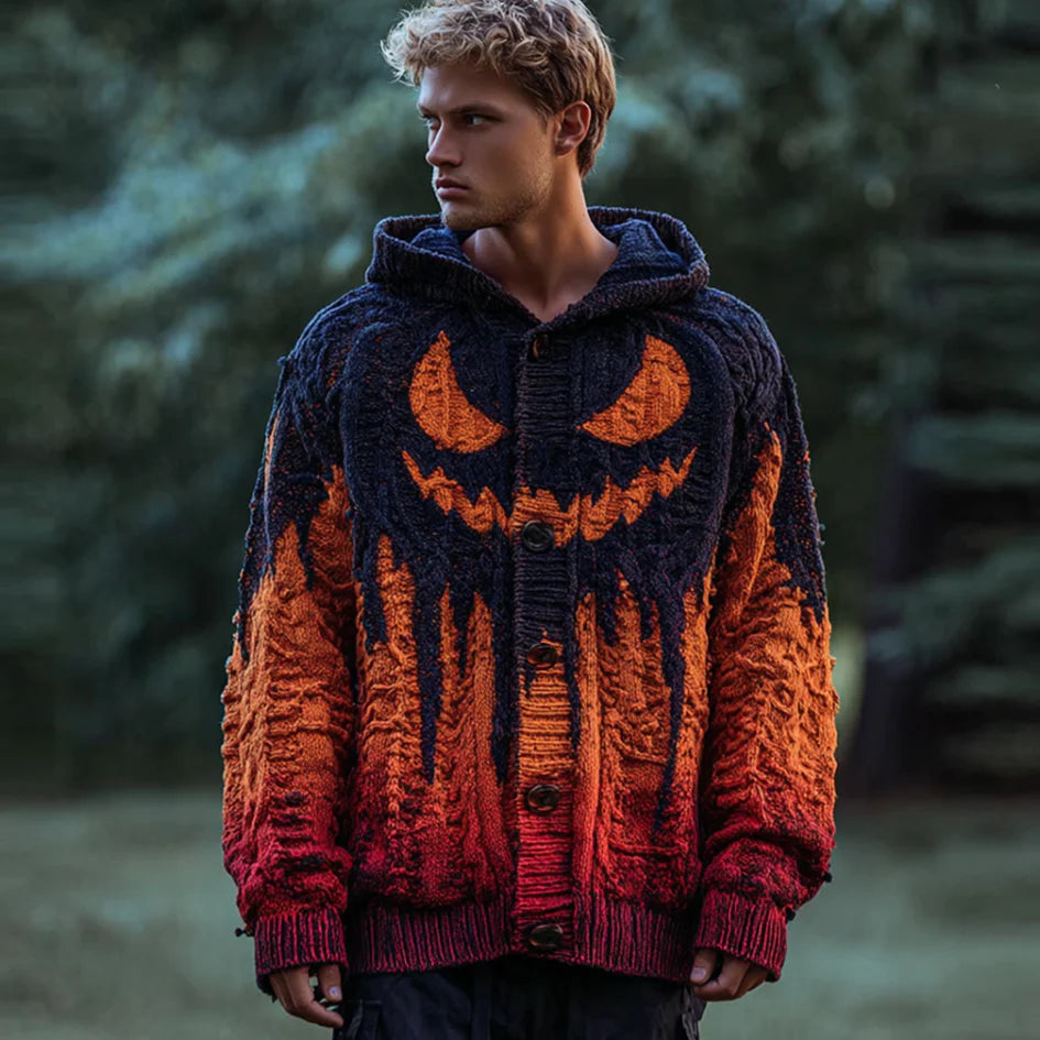 Halloween Pumpkin Element Gradient Color Men's Hooded Knit Sweater Jacket