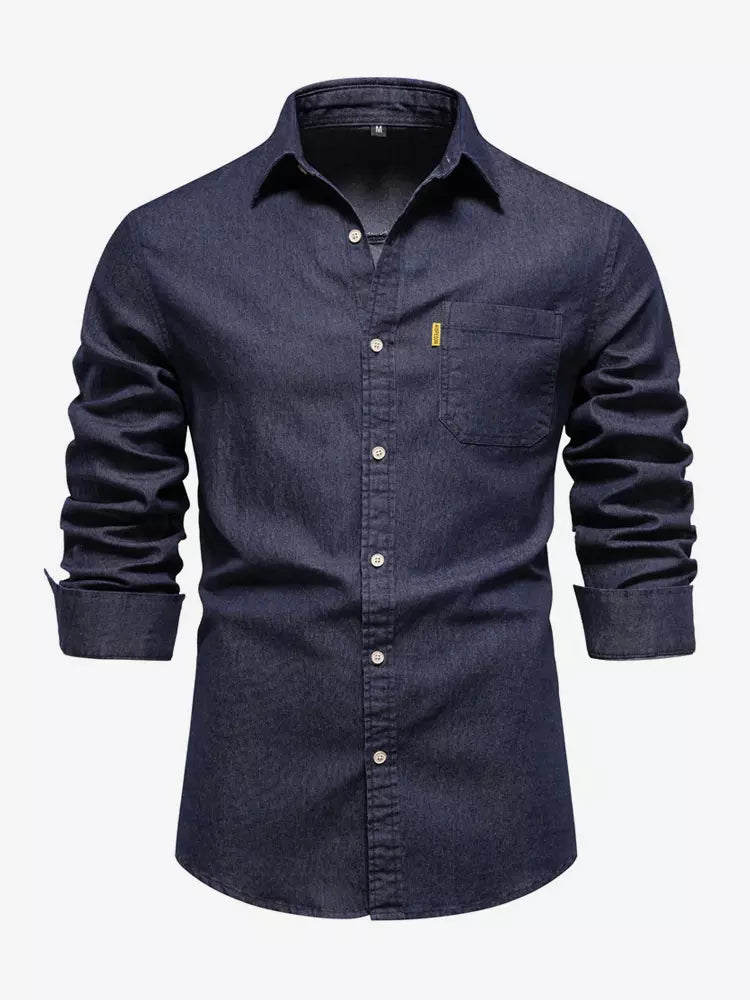 Men's Casual Solid Color Long-Sleeved Shirt Slim Fit Denim Shirt