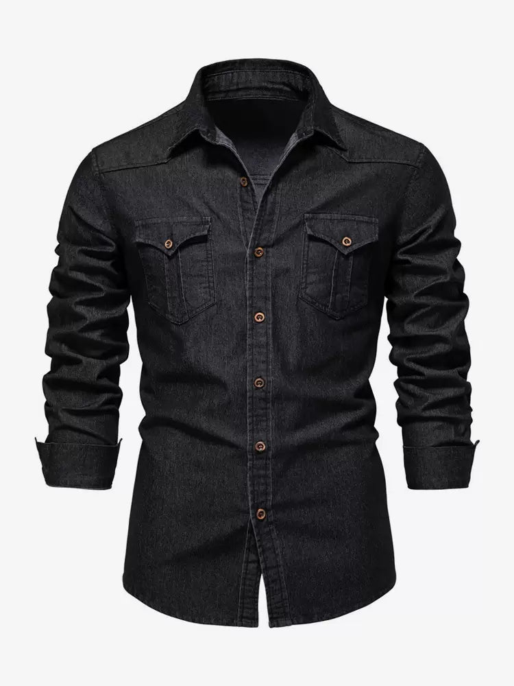Men's Denim Shirt Casual Solid Color Long-Sleeved Slim Fit Shirt