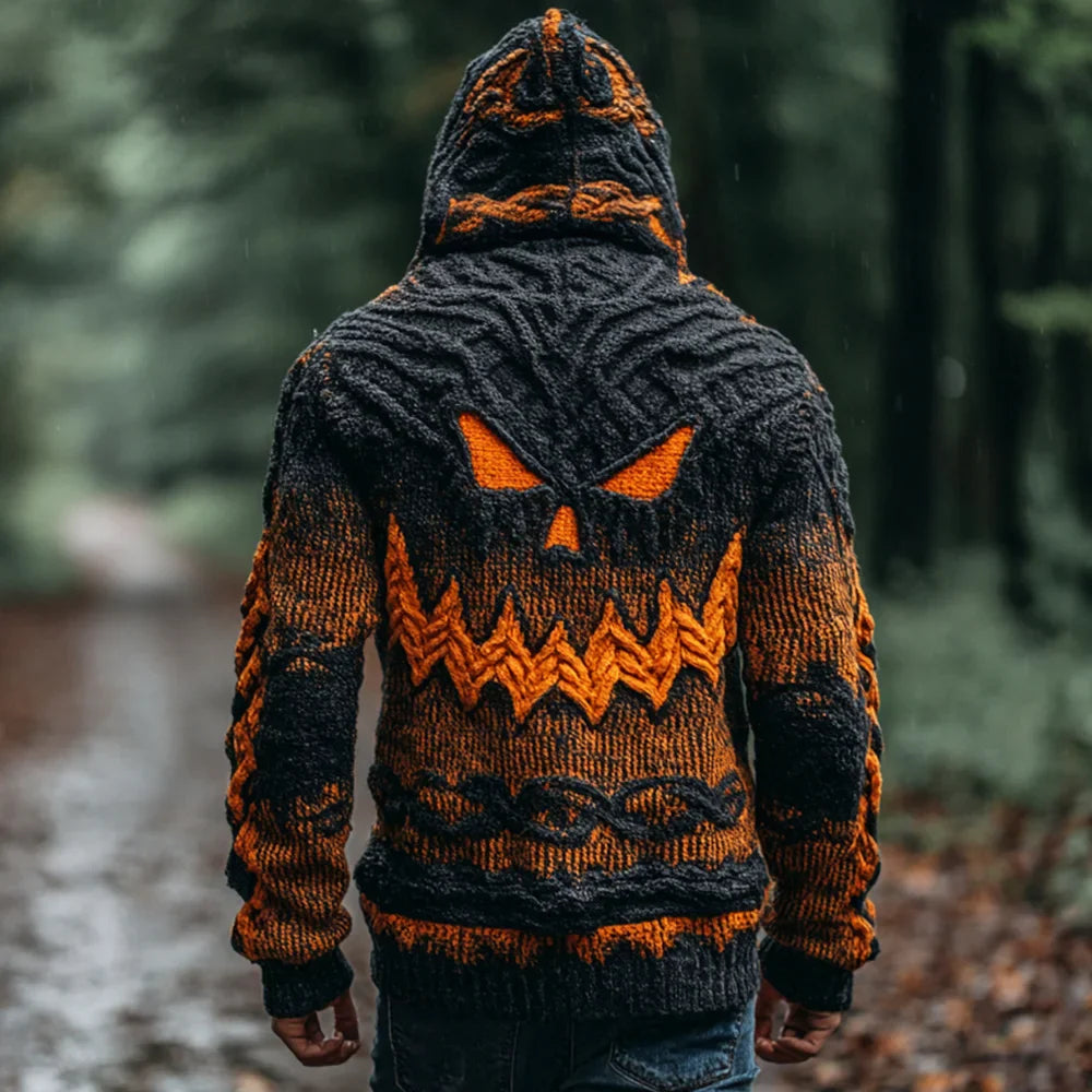 Halloween Spooky Face Gradient Men's Chunky Knit Hooded Sweater