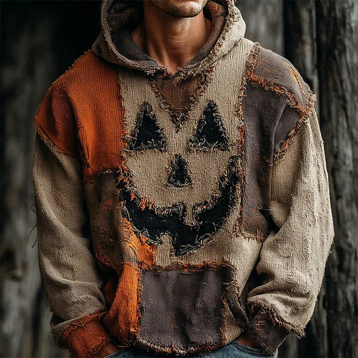 Halloween Pumpkin Face Distressed Patchwork Men's Vintage Linen Hoodie