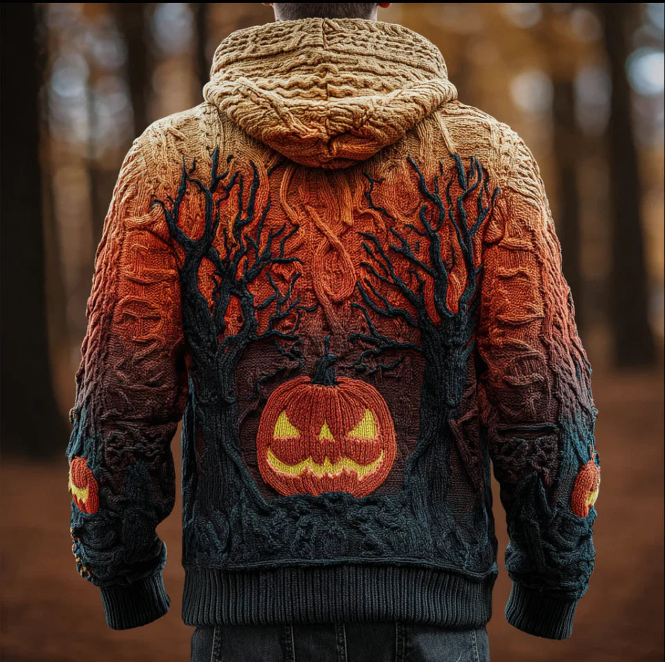 Halloween Pumpkin Element Gradient Color Men's Hooded Knit Sweater