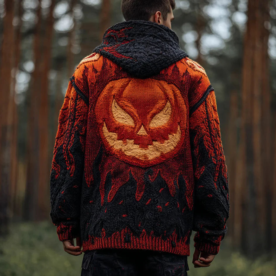 Halloween Pumpkin Element Gradient Color Men's Hooded Knit Sweater