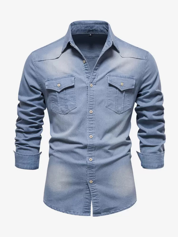 Men's Denim Shirt Casual Solid Color Long-Sleeved Slim Fit Shirt