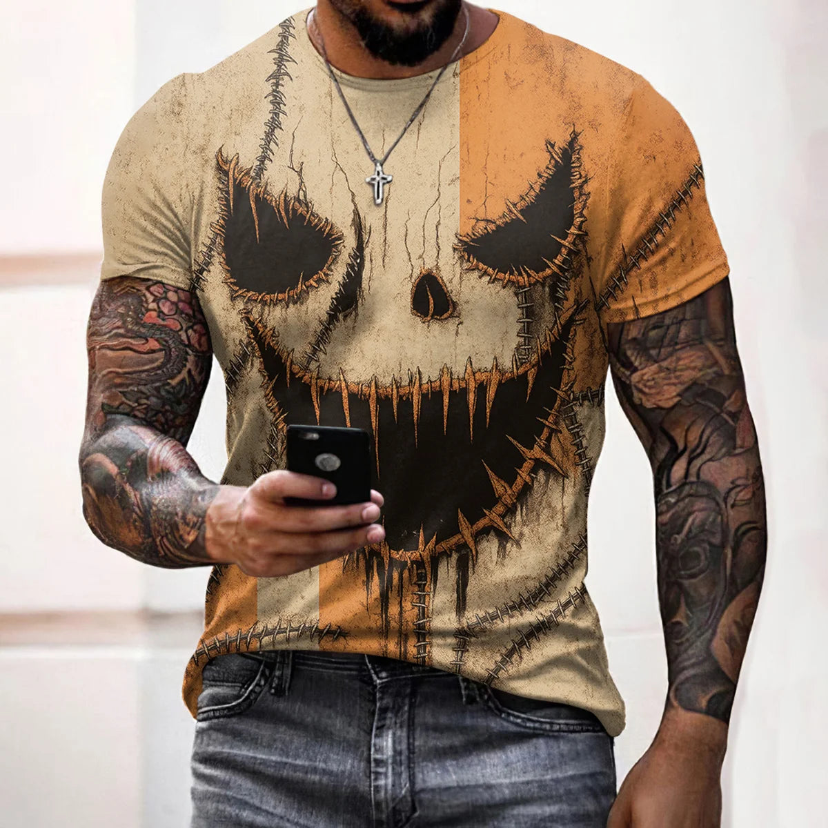 Halloween Horror Scary Face Inspired Painting Casual Linen T-shirt