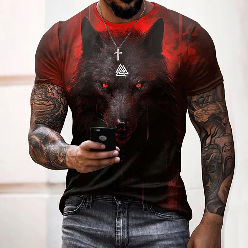 Halloween Retro Viking Wolf Rune Print Short Sleeve T-shirt