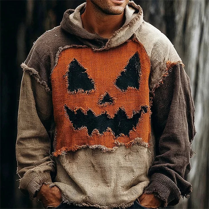 Halloween Pumpkin Face Distressed Patchwork Men's Vintage Linen Hoodie