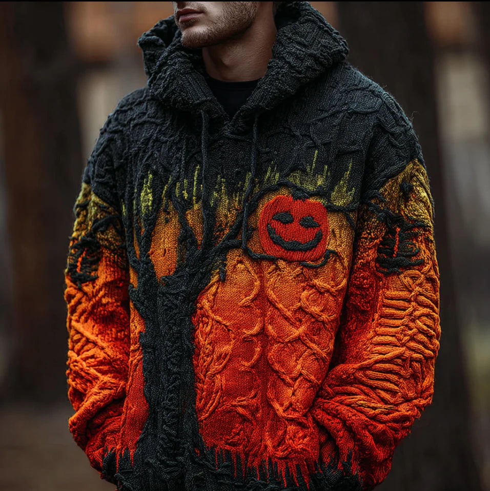 Halloween Pumpkin Element Gradient Color Men's Hooded Knit Sweater