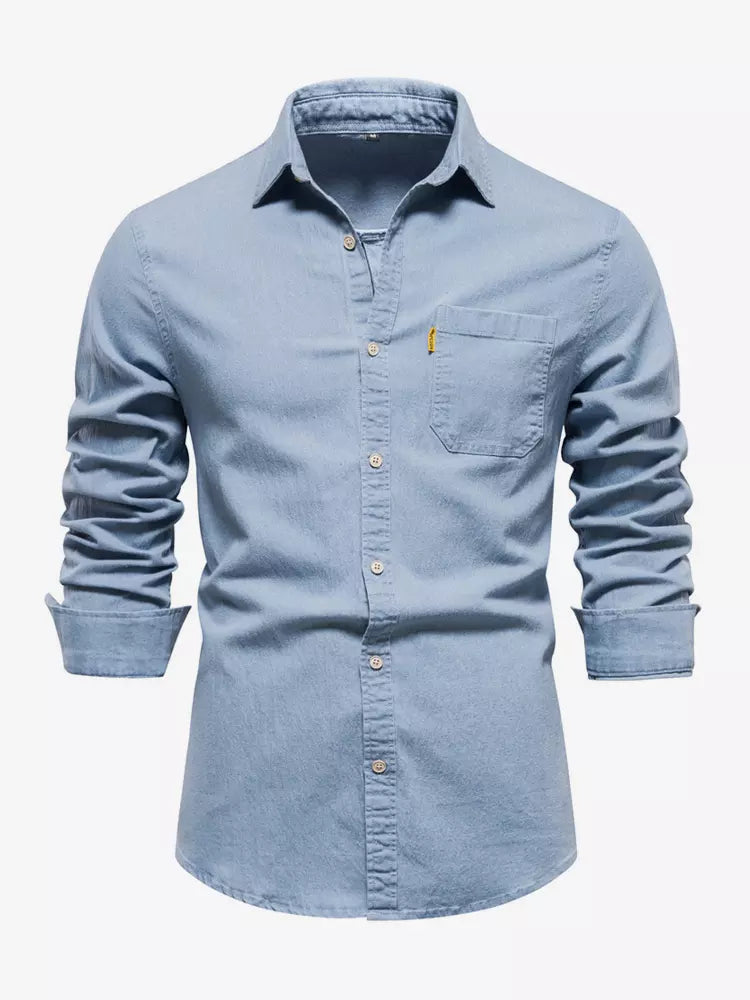 Men's Casual Solid Color Long-Sleeved Shirt Slim Fit Denim Shirt