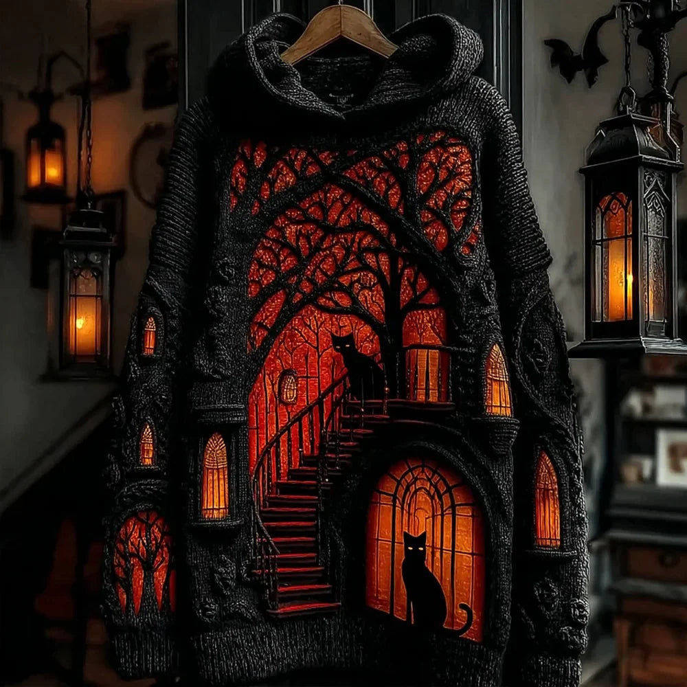 Halloween Black Cat Fortress Pattern Knitted Warm Hooded Sweater