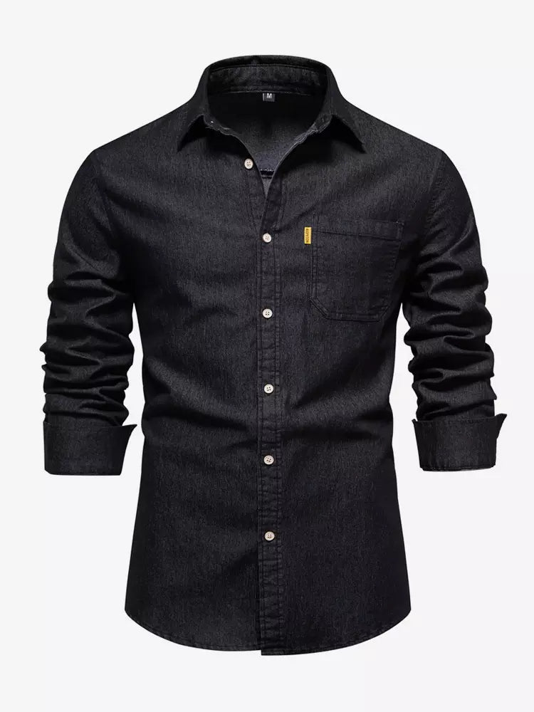 Men's Casual Solid Color Long-Sleeved Shirt Slim Fit Denim Shirt