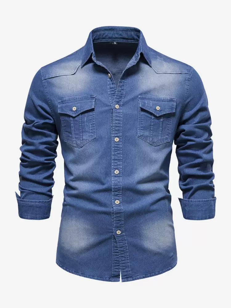Men's Denim Shirt Casual Solid Color Long-Sleeved Slim Fit Shirt