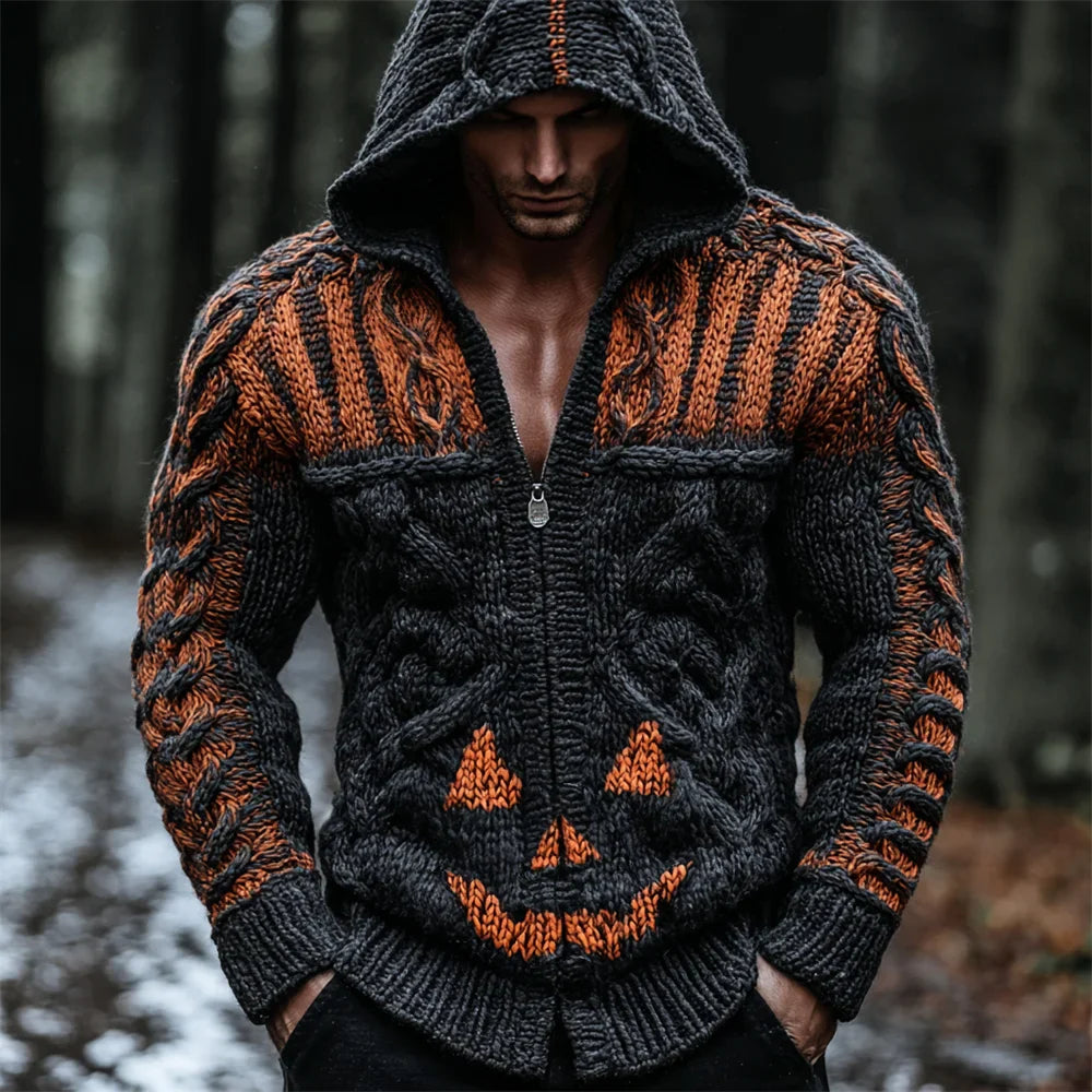 Halloween Pumpkin Ghost Face Art Men's Hooded Zipper Sweater