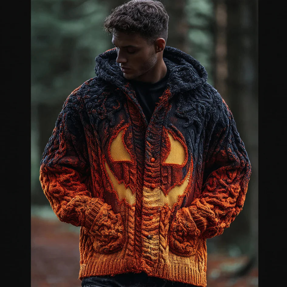 Halloween Pumpkin Element Gradient Color Men's Hooded Knit Sweater Jacket