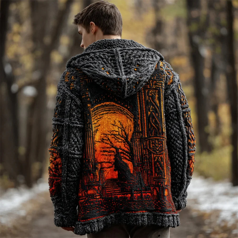 Halloween Tree Of Life Art Men's Chunky Knit Hooded Cardigan