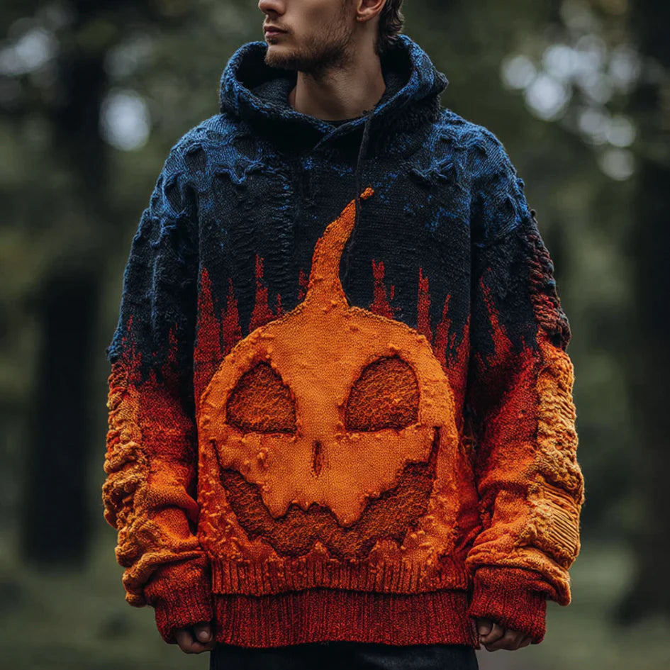 Halloween Pumpkin Element Gradient Color Men's Hooded Knit Sweater