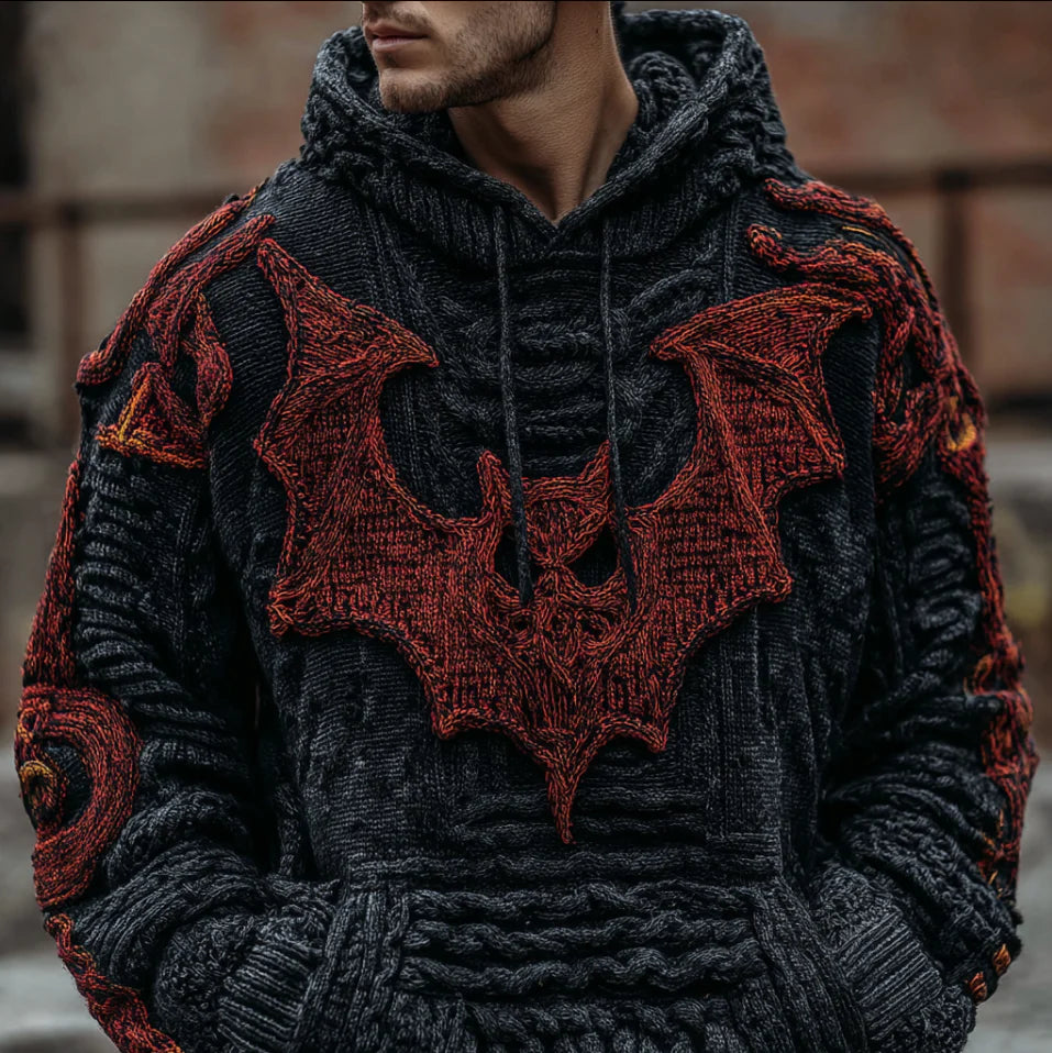 Halloween Bat Pattern Men's Heavy Duty Hooded Knit Sweater