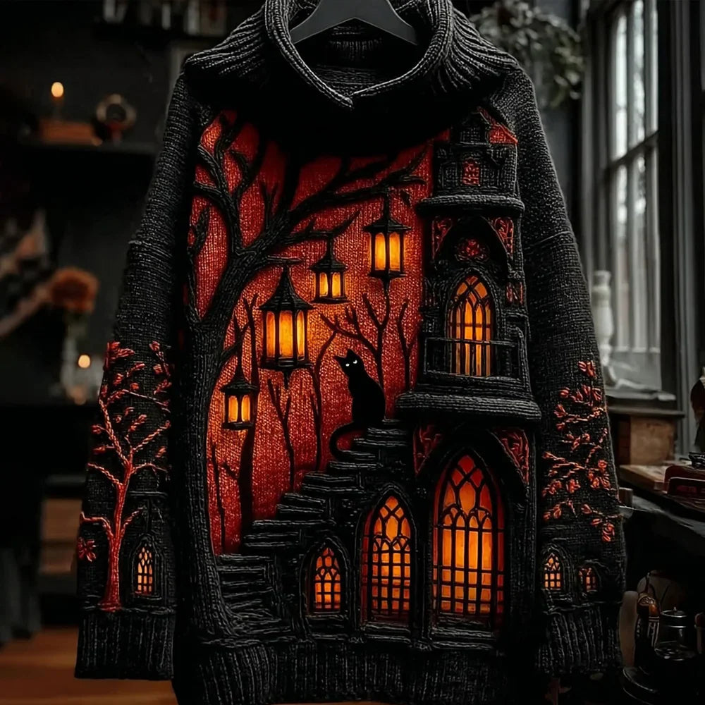 Halloween Black Cat And Floral Fortress Pattern Knitted Warm Hooded Sweater